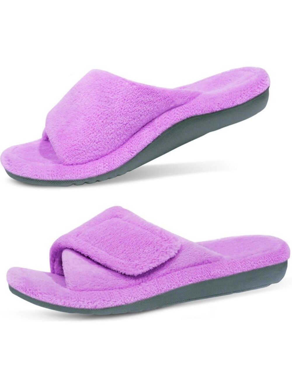 Womens Lavender Adjustable Open Toe Orthopedic Arch Support Fuzzy Slippers Slide